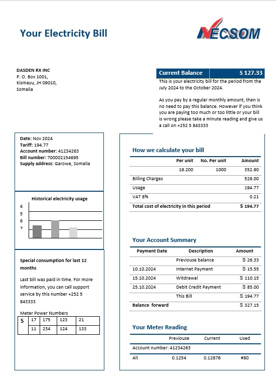 Somalia NESCOM Company electricity business utility bill template in Word and PDF formats